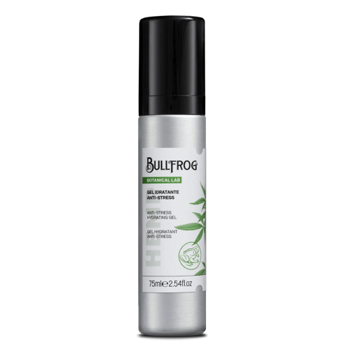 Nawilżający żelowy krem Bullfrog 75 ml w aluminiowej tubie z czarną zakrętką. Etykieta z zielonym i białym napisem, naturalne składniki, funkcja Anti-Stress. Czarne tło podkreśla nowoczesny design.