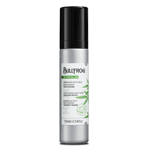 Bullfrog Anti-Stress Night Mask 75 ml w metalowej, srebrzystej butelce z czarną nakrętką, z czytelną etykietą opisującą produkt w trzech językach. Widoczne zielone akcenty roślinne na opakowaniu. Produkt ustawiony w pozycji pionowej na jednolitym tle.