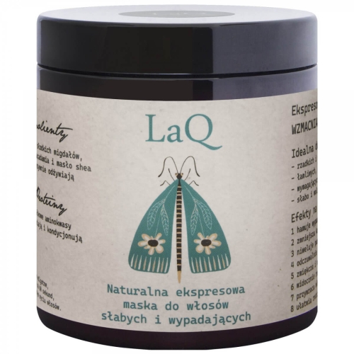Czarny pojemnik 250 ml z ekspresową maską do włosów LaQ, zakrętka, kolorowa etykieta z motylem, niebieskie logo, informacje o działaniu i składzie na białym tle. Zdjęcie z boku pokazuje napisy na górze tuby.