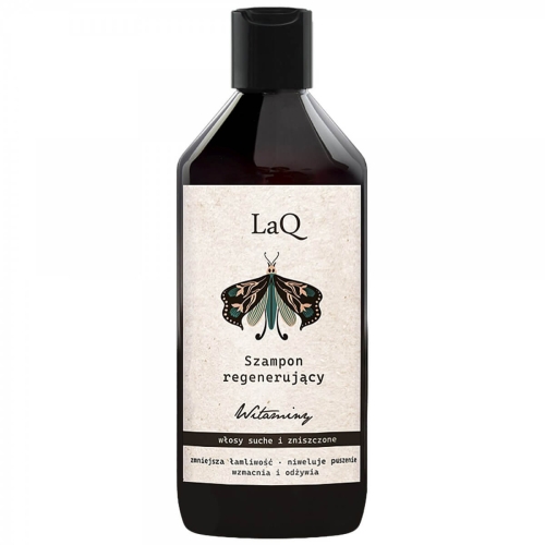 Szampon odżywczo-regenerujący LaQ, 300 ml, w prostokątnej butelce z czarną nakrętką, fioletowy nadruk na beżowym tle z motywem motyla. Etykieta i napisy w języku polskim, zdjęcie frontalne na jednolitym tle.
