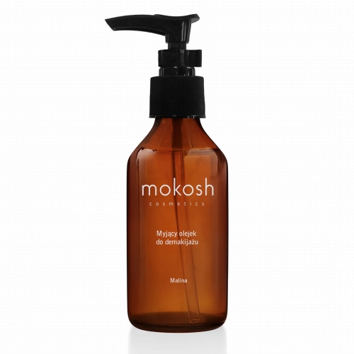 Olej do demakijażu w szklanej, bursztynowej butelce z ciemnym dozownikiem. Etykieta z białym tekstem: Mokosh, Myjący olejek do demakijażu, Malina. Butelka stoi na jednolitym tle, bez dodatków.