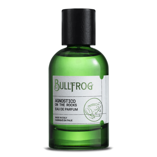 Zielona butelka wody toaletowej Bullfrog Agnostico On the Rocks 100 ml, z czarną nakrętką. Etykieta z widocznym logo i napisem Agnostico On the Rocks w stylu retro. Butelka ustawiona frontalnie na jednolitym tle.