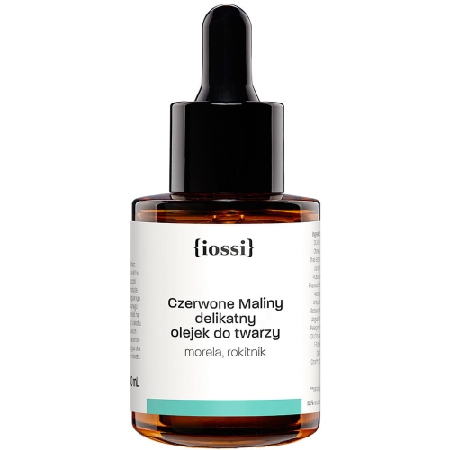 Iossi olejek do twarzy Czerwone Maliny 30ml w szklanej butelce z ciemnego szkła, z pipetą. Etykieta w białym kolorze z czarnym logo, nazwą produktu oraz zielonym paskiem. Ujęcie frontalne, produkt stojący na białym tle.