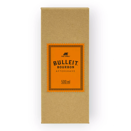 Woda po goleniu Pan Drwal Bulleit Bourbon 500 ml w brązowym matowym opakowaniu z pomarańczową etykietą i czarnym napisem, ustawiona pionowo na białym tle, eksponująca logo i detale.