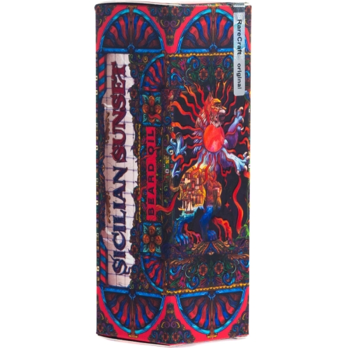 Olejek do brody RareCraft Sicilian Sunset 30 ml w czerwono-niebieskim opakowaniu z grafiką pejzażu słonecznego i motywów morskich oraz napisami „SICILIAN SUNSET” i „BEARD OIL” na jednolitym tle.