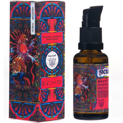 Olejek do brody 30 ml w ciemnej, szklanej butelce z czarną pompką. Etykieta w czerwono-niebieskich kolorach z artystycznym wzorem, logo RareCraft i nazwą „SICILIAN SUNSET”. Butelka na białym tle w stylu vintage.