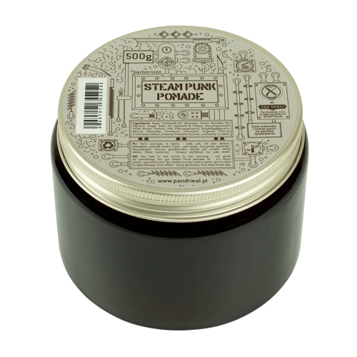 Czarna, okrągła puszka o pojemności 500g z metalową nakrętką, na wieczku widoczny napis STEAM PUNK POMADE oraz rysunki w stylu steampunkowym. Opakowanie jest zamknięte, a etykieta zawiera informacje o składzie i zastosowaniu.