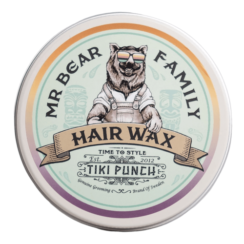 Wosk do włosów Mr Bear Family Tiki Punch 100 ml w okrągłym błyszczącym opakowaniu z etykietą misia w okularach, napisem HAIR WAX oraz grafiką w kolorach mięty, pomarańczy i fioletu.