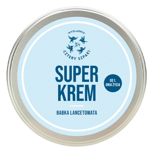 Mydlarnia Cztery Szpaki Superkrem Babka Lancetowata 100 ml w metalowym, okrągłym pojemniku z błękitną pokrywką, na etykiecie duży ciemnoniebieski napis SUPER KREM i logo marki, produkt stoi na jednolitym tle.