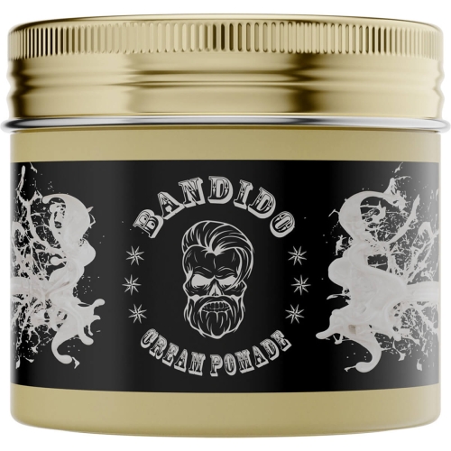 Kremowa pomada do włosów Bandido 125 ml w okrągłym, metalowym opakowaniu z czarną etykietą, białym logo czaszki i napisami BANDIDO oraz CREAM POMADE ozdobiona graficznymi rozpryskami.