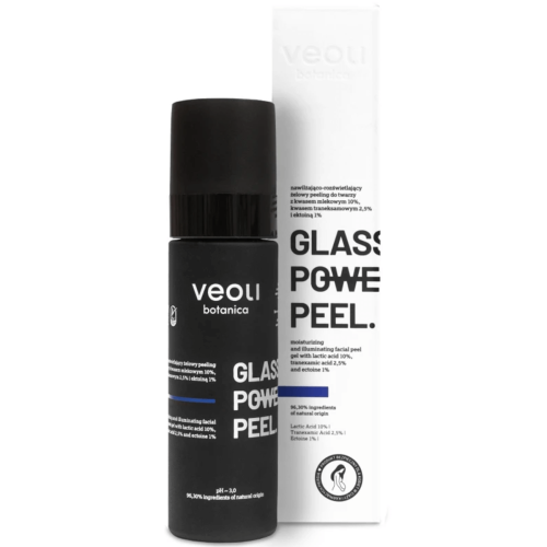 Matowy czarny pojemnik z aplikatorem, peeling do twarzy Veoli Botanica Glass Skin Power Peel 30 ml, z 10% kwasu mlekowego, 2,5% kwasu traneksamowego i 1% etoniny. Produkt na białym tle z informacjami o składzie, minimalistyczny design.