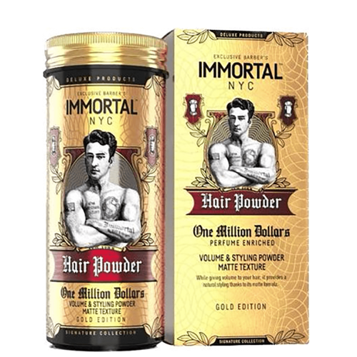 Puder do włosów Immortal One Million Dollars w złotym metalowym opakowaniu z etykietą vintage i wizerunkiem tatuażysty. Produkt na białym tle z matową teksturą i czytelnymi napisami o stylizacji i objętości włosów.