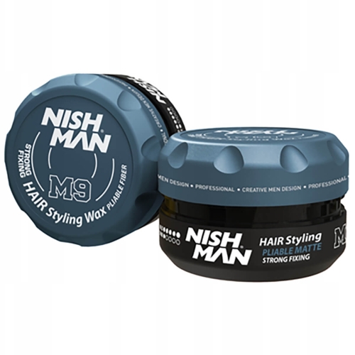 Nishman Pomada M9 to matowy, mocny wosk do włosów w czarno-niebieskim słoiku z napisem NISH MAN, HAIR Styling Wax, M9 i STRONG FIXING. Pokrywa jest niebieska z fakturą, spód czarny, z wysokim kontrastem etykiet.