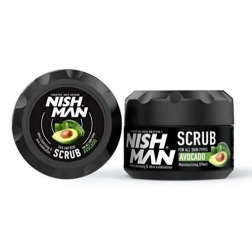 Kremowy peeling do twarzy i ciała Nishman Avocado w pojemności 300 ml, w czarnej okrągłej szacie graficznej z logo, widoczna ilustracja awokado. Produkt ukazany z boku na jednolitym tle, z lekkim zbliżeniem na etykietę, napis „SCRUB” wyraźnie widoczny.