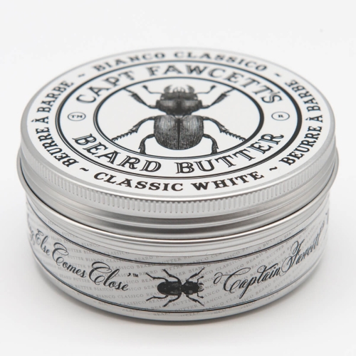 Masło do brody Captain Fawcett Bianco Classico 80 ml w srebrnym, metalowym opakowaniu z czarno-białym nadrukiem owada i napisami BEARD BUTTER oraz CLASSIC WHITE, na białym tle, widoczna etykieta z detalami.