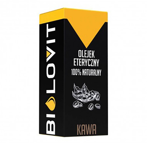 Olejek eteryczny o aromacie kawy w czarnym opakowaniu z żółtym akcentem, z widocznym napisem „OLEJEK ETERYCZNY 100% NATURALNY” oraz logo marki BiOlovit. Produkt stojący, z detalu widoczna grafika ziaren kawy na dolnej części kartonika. Tło proste, białe.