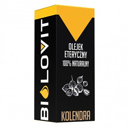 Olejek eteryczny kolendra 10 ml w czarno-żółtym kartonie z napisami „OLEJEK ETERYCZNY”, „100% NATURALNY”, „KOLENDRA”, minimalistycznym designem i ilustracją nasion kolendry na jednolitym tle.