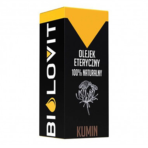 Olejek eteryczny kumin w czarnożółtym kartonie z napisem OLEJEK ETERYCZNY 100% NATURALNY i nadrukiem rośliny, ustawiony pionowo na białym tle, ukazujący front opakowania pod kątem.