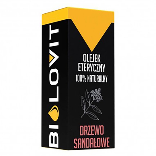 Olejek eteryczny drzewo sandałowe 10 ml w czarnej butelce z żółtym akcentem. Napis OLEJEK ETERYCZNY 100% NATURALNY i logo BILOVIT na froncie. Produkt stoi pionowo na białym tle, podkreślając kontrast.