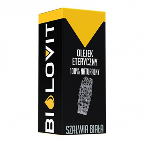 Olejek eteryczny szałwia biała 10 ml w prostokątnym opakowaniu z czarno-żółtą kolorystyką i białymi napisami. Logo BIOLOVIT widoczne na bokach. Produkt stoi na czystym tle podkreślającym design.