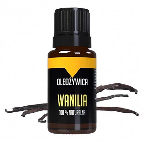 Brązowa butelka z ciemnym nakrętką, etykieta z napisem WANILIA 100% NATURALNA w kolorze żółtym i białym. Obok butelki leżą strąki wanilii. Produkt stoi w pozycji pionowej na jednolitym tle.