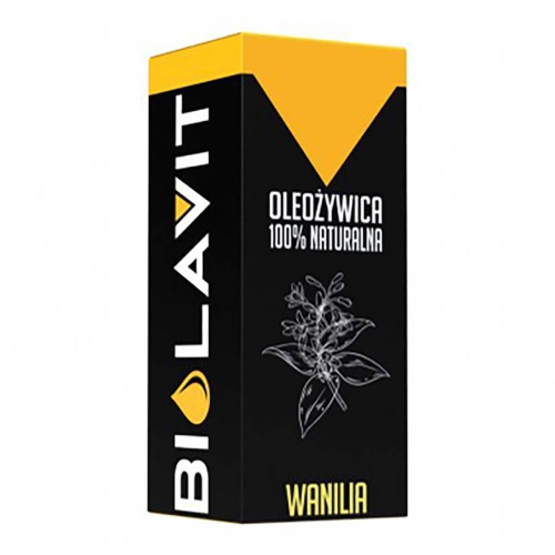 Czarna, prostokątna butelka z białym logo BIOLAVIT, napisem OLEOŻYWICA 100% NATURALNA i WANILIA, zaokrąglone rogi, jaskrawożółty kaptur, na białym tle z rysunkiem kwiatu wanilii.