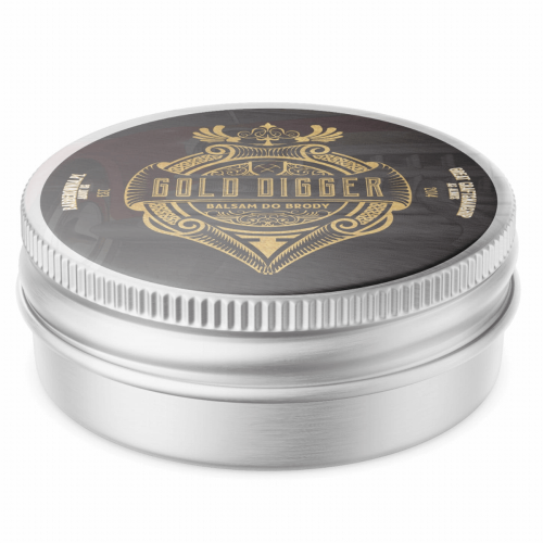 Balsam do brody Gold Digger w szarej metalowej puszce o zaokrąglonym kształcie. Nakrętka z ciemnym drewnianym tłem i złotym napisem. Pojemność 60 ml, z elektroniczną etykietą na jednolitym tle.