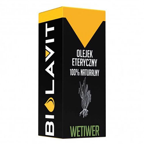 Olej eteryczny wetiwer 10 ml w czarno-żółtym opakowaniu z wyraźnym napisem OLEJEK ETERYCZNY 100% NATURALNY oraz zielonym napisem WETIWER. Produkt widoczny z boku, w pozycji stojącej na jednolitym tle.
