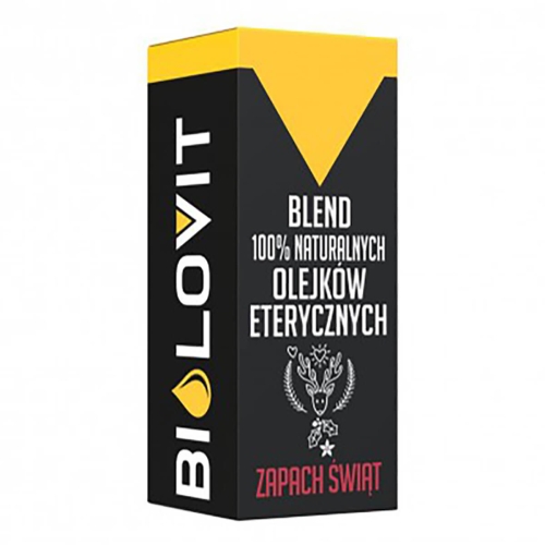 Czarny kartonik BILOVIT z żółto-białym logo, napisami „BLEND 100% NATURALNYCH OLEJKÓW ETERYCZNYCH” i „ZAPACH ŚWIĄT”. Pionowa pozycja, rysunek jelenia oraz dekoracje: liście i serca na jednolitym tle.