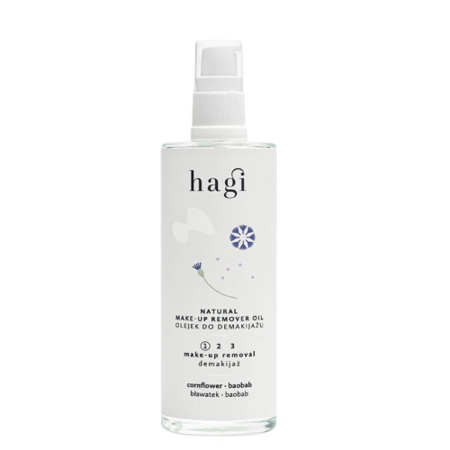 Naturalny olejek do demakijażu w przezroczystej butelce z białą etykietą hagi i napisem Natural make-up remover oil. Butelka pionowa, z tłokiem rozpylającym, na jednolitym tle.