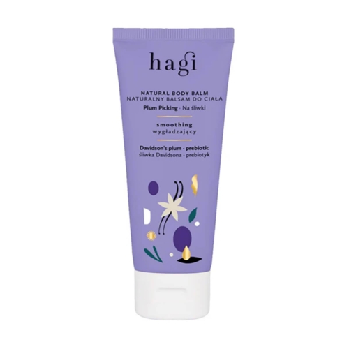 Balsam do ciała Hagi 75 ml, fioletowa tuba z napisem „hagi”, „natural body balm”, „smoothing” i „Davidson's plum - prebiotic”, ustawiony pionowo na jednolitym tle.