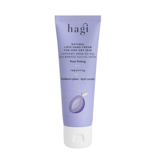 Lipidowy krem do rąk Hagi 50 ml dla bardzo suchej skóry, tubka z jasnofioletową etykietą i grafiką śliwki, napisami „Natural Lipid Hand Cream” i „Plum Picking”, frontalne ujęcie na białym tle.