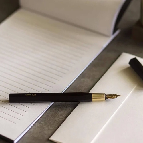 Resin Fountain Pen w kolorze czarnym z metalowym klipem i złotą stalówką, leżący na kartce z liniami. W tle widoczny otwarty notatnik.