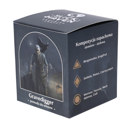 Slickhaven Gravedigger pomada do włosów 60ml w ciemnoniebieskim opakowaniu z srebrnym logo i średniowieczną ilustracją. Zawiera bergamotkę, grejpfrut, szałwię, piołun i czarny pieprz. Z przodu nazwa i opis zapachu.