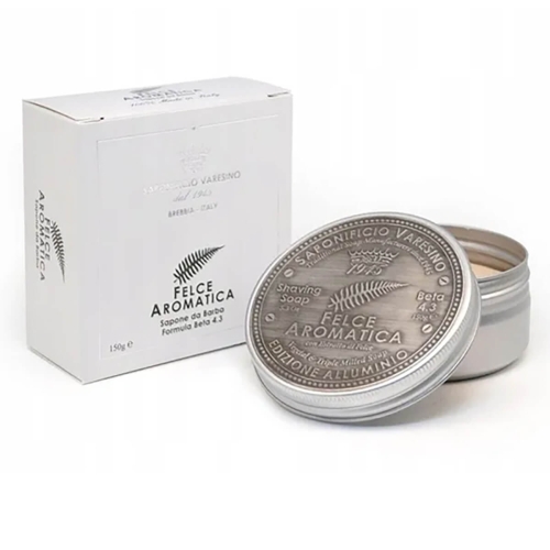 Mydło do golenia w okrągłym metalowym pojemniku z napisami Felce Aromatica i Saponificio Varesino oraz etykietą 150g, obok białego kartonowego pudełka na jasnym tle.