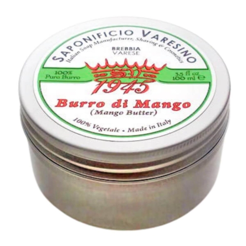 Masło do golenia 100g w metalowej puszce z zakręcanym wieczkiem. Biała etykieta z zielonym i czerwonym napisem Burro di Mango, datą 1945 i logo Saponificio Varesino na białym tle.