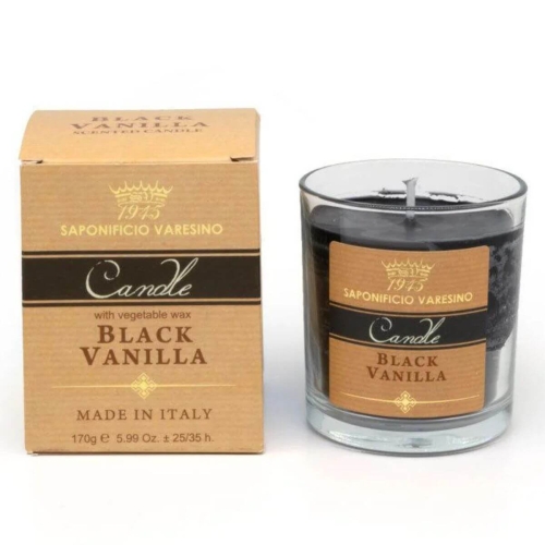 Świeca zapachowa Black Wanilia 170 g w szklanym słoiku z brązowo-czarną etykietą, stoi na białym tle obok prostokątnego opakowania z napisem Candle, logo Saponificio Varesino i informacją o wosku roślinnym.