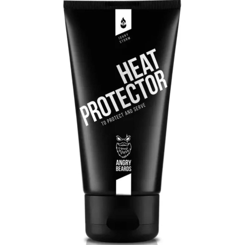 Czarny tubka środka do stylizacji brody, o pojemności 75 ml. Widoczny napis HEAT PROTECTOR oraz logo Angry Beards. Produkt ustawiony pod kątem, z widoczną teksturą matowego opakowania.