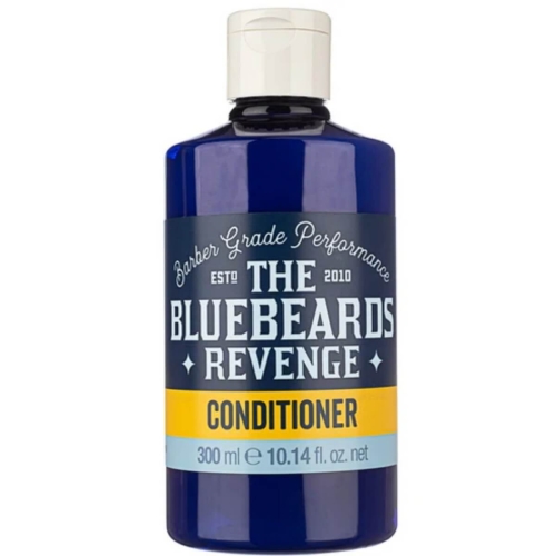 Buteleczka odżywki do włosów w kolorze błękitnym, pojemność 300 ml. Widoczny czarny napis THE BLUEBEARDS REVENGE z białymi i żółtymi akcentami. Produkt stoi na prostej powierzchni, z okrągłym, białym zakrętką na górze.