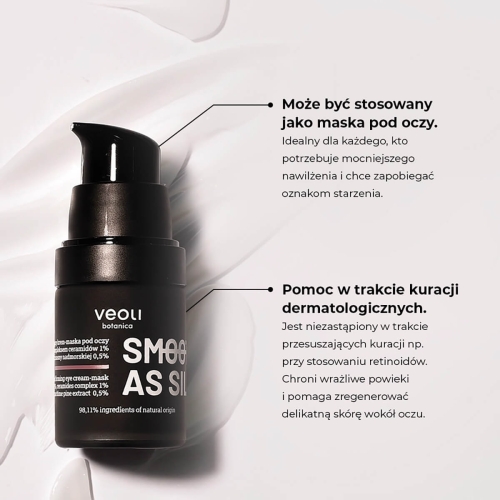 Czarna butelka kremu pod oczy z dozownikiem, etykieta SMOOTH AS SILK i logo veoli botanica na jasnym tle. W tle delikatna, kremowa tekstura. Butelka wyraźna, bez ozdób.