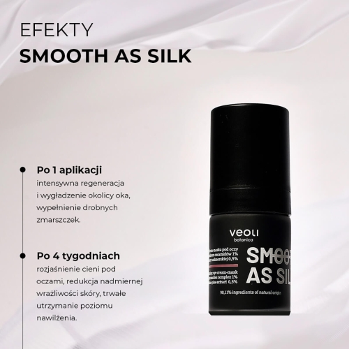 Krem pod oczy w czarnej butelce o pojemności 15 ml, z dozownikiem, stojący na gładkim tle. Widoczne napisy w białym kolorze: “Smooth as Silk” oraz składniki aktywne. Butelka ma matową fakturę, a etykieta zawiera także informacje o efektach po aplikacji.