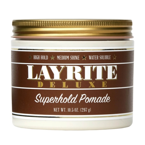 Brązowy pojemnik z pomadą do włosów 297 g, z napisem LAYRITE DELUXE i Superhold Pomade. Etykieta: High Hold, Medium Shine, Water Soluble. Pojemnik z matową, gładką fakturą, na białym tle.
