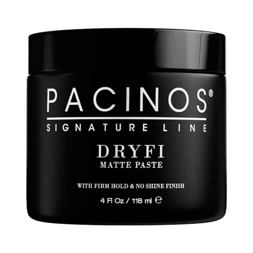Czarna pomada do włosów Pacinos Dryfi Matte Paste 118 ml, z matowym wykończeniem i silnym chwytem; widoczna całkowita pojemność oraz czytelne napisy na etykiecie, ustawiona w pozycji stojącej na jednolitym tle.