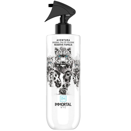 Biała butelka wody kolońskiej o pojemności 500 ml z czarnym atomizerem. Na przedniej stronie widnieje wizerunek tygrysa oraz napisy: Aventura Original Eau de Cologne i Reserve Familia. Produkt ustawiony w pionie na jednolitym tle.