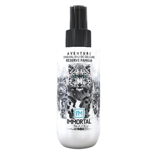 Woda kolońska Immortal Aventura 150 ml w przezroczystej butelce z czarną nakrętką i białym tygrysem na froncie. Frontalne ujęcie podkreśla etykietę i detale wzoru.