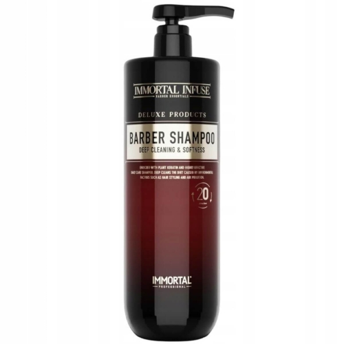 Czarna, prostokątna butelka szamponu 1000 ml z pompką, z napisem BARBER SHAMPOO i IMMORTAL INFUSE na etykiecie, stojąca na jednolitym tle.