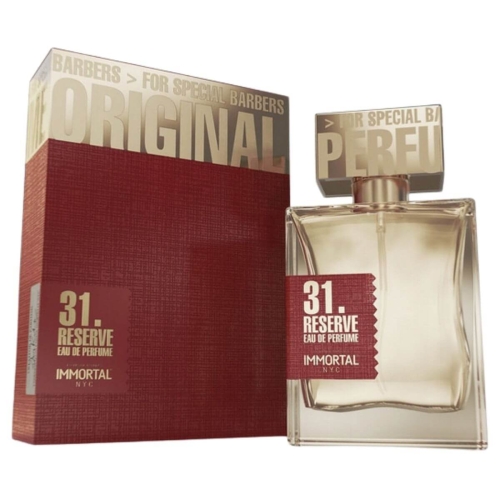 Woda perfumowana unisex w szklanej butelce ze złotym korkiem. Etykieta z czerwonym elementem i napisem 31. RESERVE EAU DE PERFUME oraz logo IMMORTAL. Czerwone opakowanie z tłoczonym wzorem i napisem ORIGINAL na górze.