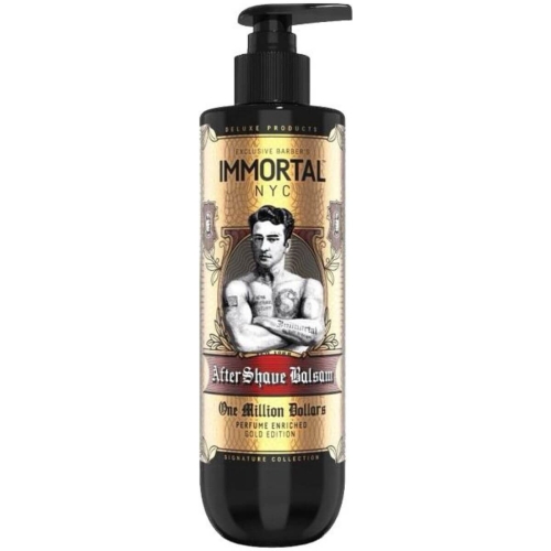 Balsam po goleniu Immortal One Million Dollars, 350 ml w czarnej butelce z dozownikiem. Etykieta złota z mężczyzną z tatuażami, nazwą marki i tekstem After Shave Balsam oraz One Million Dollars na białym tle.