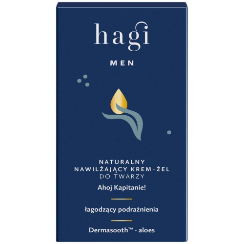 Nawilżający krem-żel Hagi Ahoj Kapitanie 50 ml, granatowe opakowanie z białymi napisami, złotą kroplą i zielonym wzorem. Zawiera Dermasooth™ i aloes.
