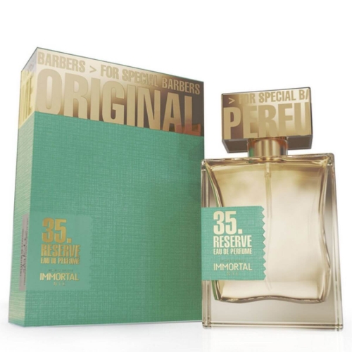 Woda perfumowana unisex Immortal Reserve 35 w przezroczystej, prostokątnej butelce ze złotą nakrętką i błękitną etykietą, w eleganckim miętowym opakowaniu. Butelka stoi na białym tle, ukazując detale i logo.